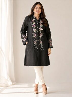 Units Women Jacket XL Black Silk Blend Floral Embroidery Button Front Pockets